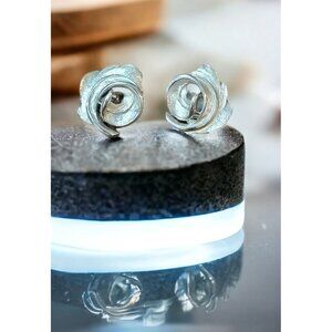 Monet Vintage Clip Earrings Curled Leaf Feather Brushed Silver TONED Signed